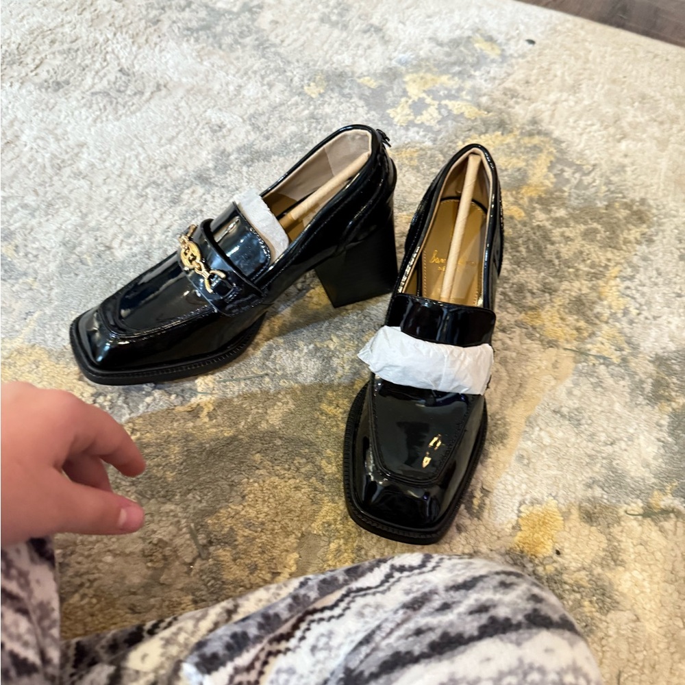 Sam Edelman Black Patent Leather Loafers with Gold Detail